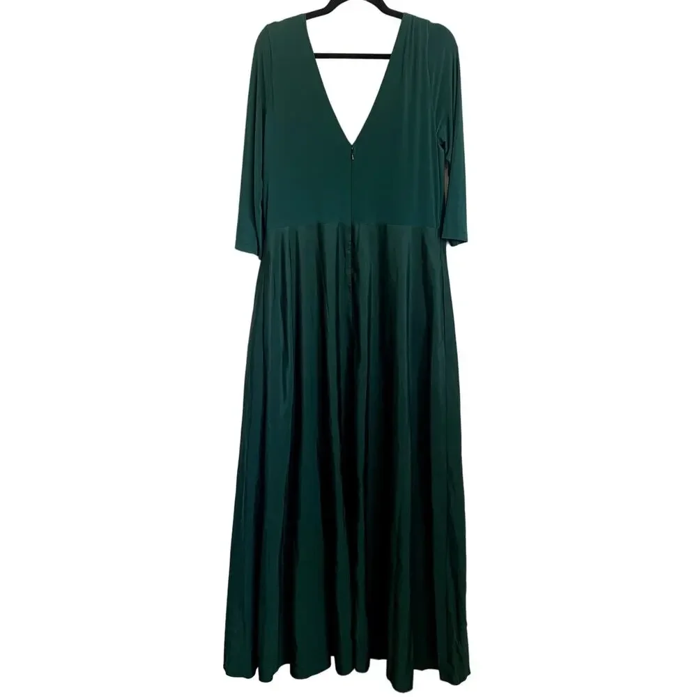NEW Alfred‎ Sung Jersey Mikado V Neck 3/4 Sleeve A-Line Gown in Hunter Green - Picture 3 of 7